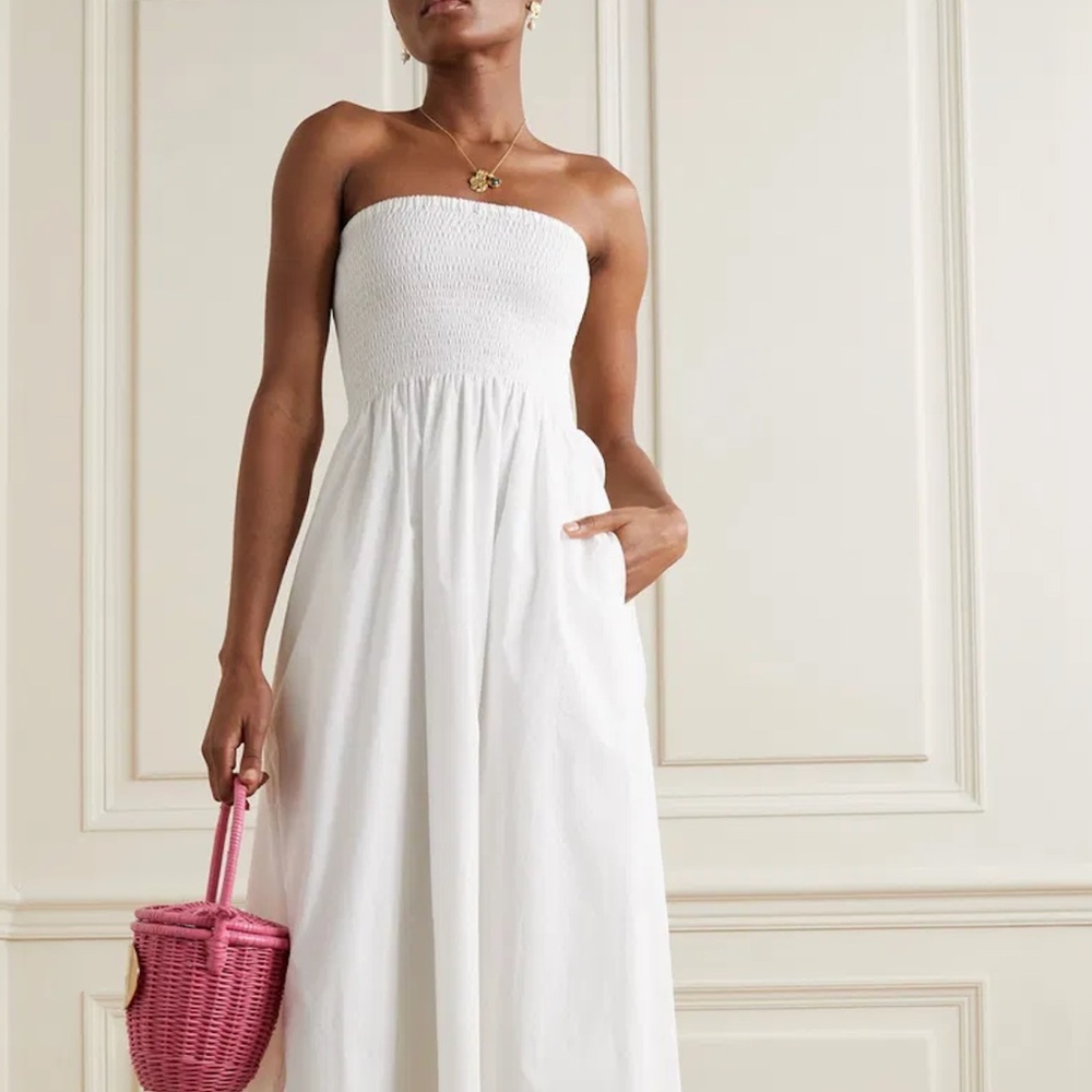 FAITHFULL THE BRANDMadella Strapless Smocked Organic Cotton-Poplin Midi Dress